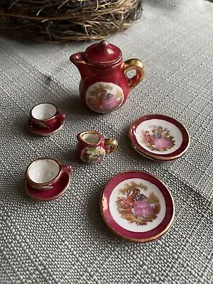 France Miniature Porcelain Tea Set Courting Couple Love Red Gold Sweetheart *** • $18