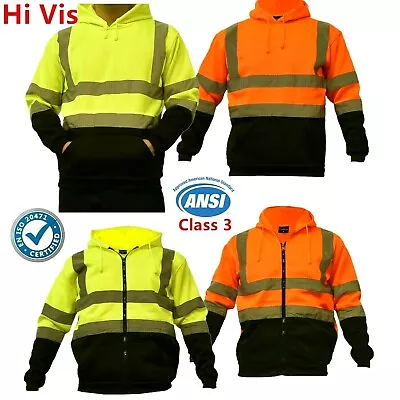 Hi Vis ANSI Class 3 Safety Pullover Hooded Sweatshirt Fleece Hoodie Black Bottom • $36.99