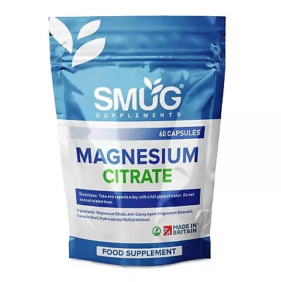 Magnesium Citrate Capsules By SMUG Supplements - 60 Pills - Made In Britain • £5.99