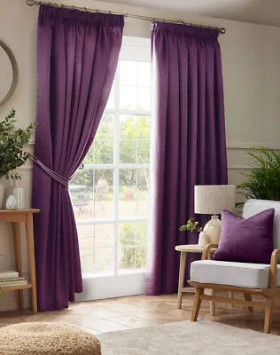 Purple Madison Dobby Fabric Squares Lined Tape Top Pencil Pleat Curtains Pair • £29.99