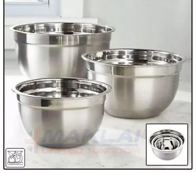 £12.97 • Buy Set Of 3 MIXING BOWL SET Stainless Steel 18/22/26cm Small Large Deep Metal Dish