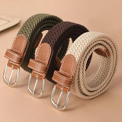 Mens Stretch Belts Ladies Elastic Woven Braided Belt Metal Buckle Canvas Belts* • £3.11