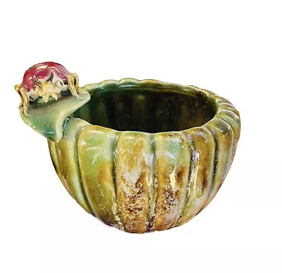 Vintage Green Majolica Style Ceramic Bowl/Planter Ladybug Flower Sitting On Rim • $28