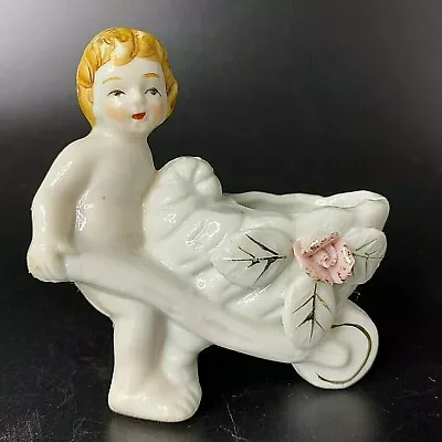 Vintage Porcelain Cherub Child Pushing Cart Wheelbarrow Toothpick Holder Japan • $12.95