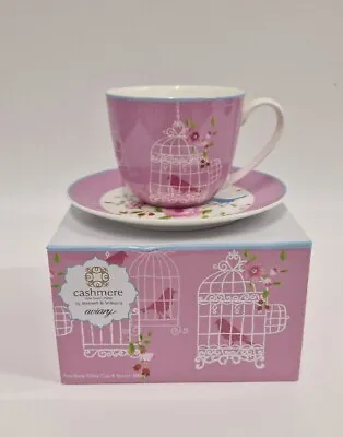 Maxwell Williams Cashmere Aviary Cup & Saucer Set Pink Fine Bone China Birds NEW • £13.99
