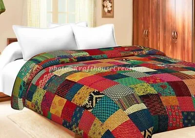 Vintage Kantha King Quilt Handmade  Patchwork Bedspread Blanket Throw  90x108 In • £64.99