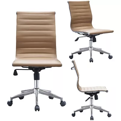 Tan Mid Century Modern PU Leather Executive Office Chair Armless Mid Back • $200.10