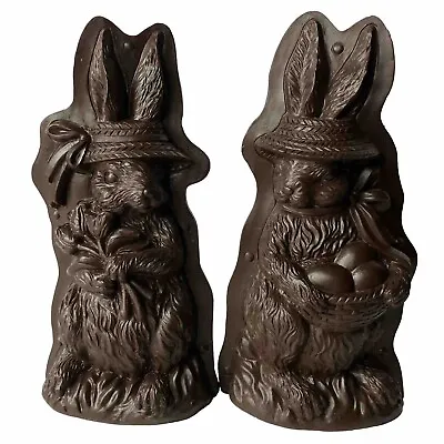 Set/2 Primitive Tin Style Easter Bunny Rabbit Faux Resin Chocolate Looking Mold • $22.49