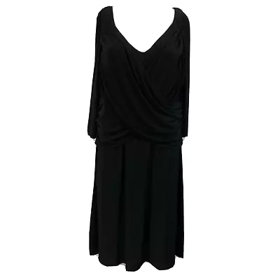 B-Slim Dress Womens Sz 1X Plus Black Jersey Knit 3/4 Sleeve Faux Wrap A Line • $23.25