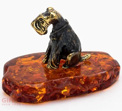 Solid Brass Amber Figurine Of Schnauzer Dog IronWork • $14