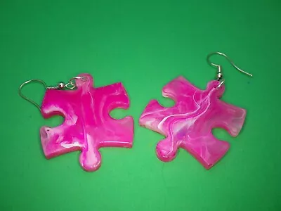 Puzzle Piece Puzzle Earrings - Chessex Dice Style Vortex - Pink & Whites • $5.95