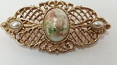 Vintage Victorian Inspired Goldtone Floral Faux Pearl Bar Brooch Pin • $10