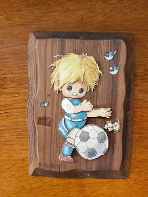 Vintage 3D Paper Art On Wood With Boy Playing Soccer • $10