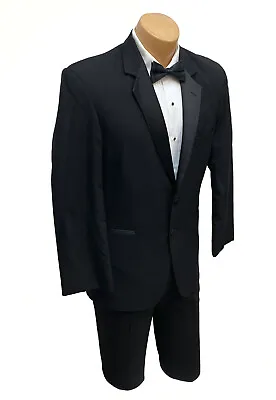 Men's Black Tuxedo Jacket With Flat Front Pants Satin Notch Lapels 39R 33W • $58.45