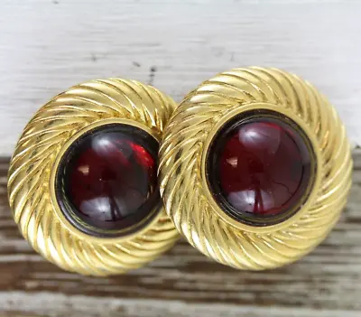 Vintage 80's Monet Large Red Cabochon Golden Byzantine Style Post Earrings • $49.30