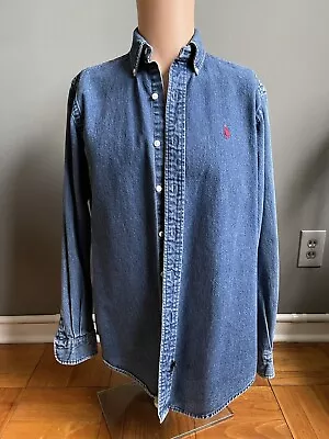 POLO Country Ralph Lauren Mens Sz Small Heavy Blue Denim Western Shirt Vintage • $55