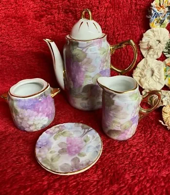 Vtg Mini Tea Set With Pastel Purples & Pinks Gold Trim Fancy 4 Pieces Unique • $15