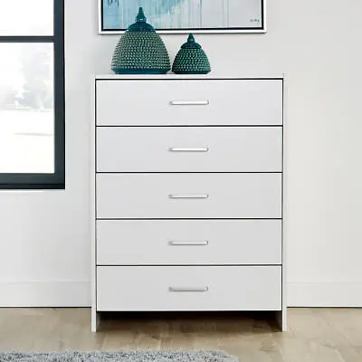 Chest Of Drawers White Bedroom Furniture 5 Drawer Silver Handles Metal Runners • £47.99