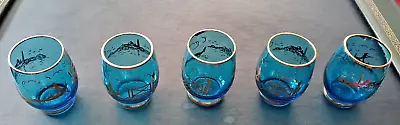 5 Vintage Blue Gold Shot Glass Venetian Scenes Italy 2.5  Height X 1.5  Dia • $30