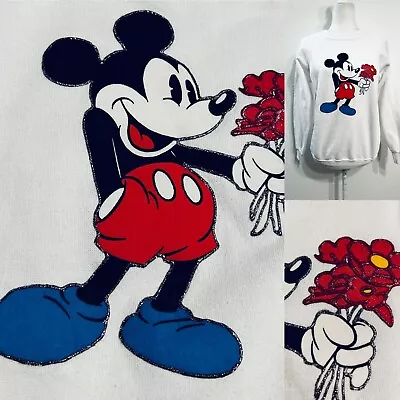 Vtg 90s Hanes White Handmade Mickey Mouse Appliqué Glitter Puff Sweatshirt Wm Md • $44