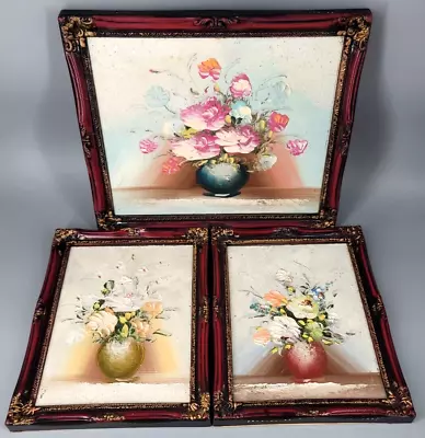 Vintage Framed Hand Painted Flowers Set Of 3 Floral Vase Pink Green Yellow Red • $11.19