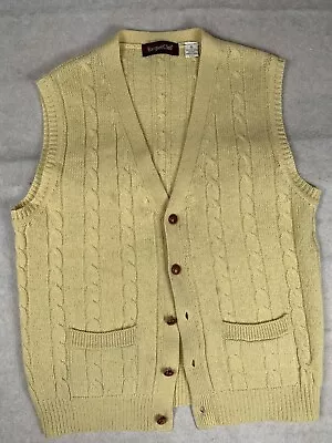 Vtg 70s 80s Mens L Gray Lambs Wool Cable Knit Button Down Sweater Vest Yellow • $18.30