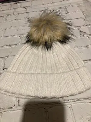 J Crew H3198 NWT Cashmere Wool Blend Ivory Ribbed Beanie Hat W/ Faux Fur Pom Pom • $24.99