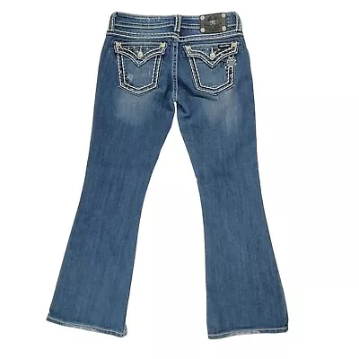 Miss Me Jeans Women Sz 28 Low Rise Flare Embroidered Distress Rhinestones 30x31 • $29.99