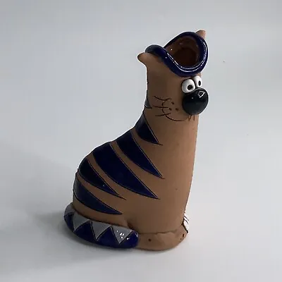 $20 • Buy Small Art Pottery Terra-cotta Cat Vase With Blue Stripes, Bead Eyes & Nose Vtg