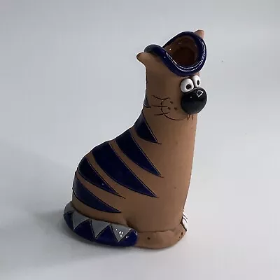 Small Art Pottery Terra-cotta Cat Vase With Blue Stripes Bead Eyes & Nose Vtg • $20