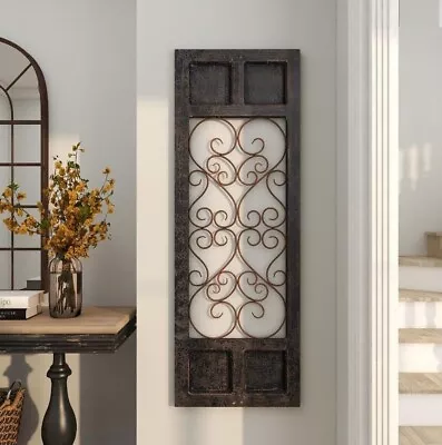 Dark Brown Rustic Vintage Scrolling Wood Metal Garden Gate Door Wall Art Panel  • $139.95