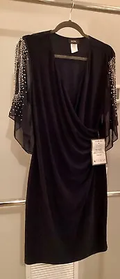 NWOT MSK Split Sleeve Beaded Midi Dress Size L Navy With Silver Sequins • $20