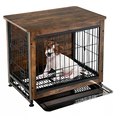 Costway Wooden Dog Crate Furniture W/ Three-Sided Mesh & 2 Lockable Doors Brown • $109.99