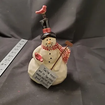 Vintage Ceramic Snowman Figurine W/ Shovel And Cardinals • $12.20