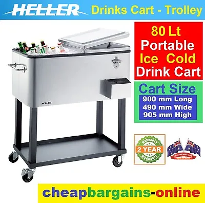 PORTABLE COLD DRINK TROLLEY CART ICE COLD DRINKS COOLER POOL BBQ ALFRESCO 80 Lt • $190.99