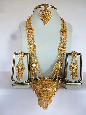 Indian Wedding 22K Gold Plated 11'' Long Rani Haar Necklace Earrings Tikka Set ' • $61.47