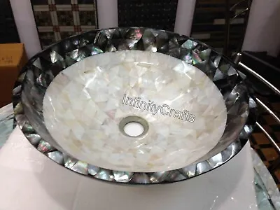 Round Marble Counter Top Sink Overlaid With Mother Of Pearl Wash Basin For Home • £763.71