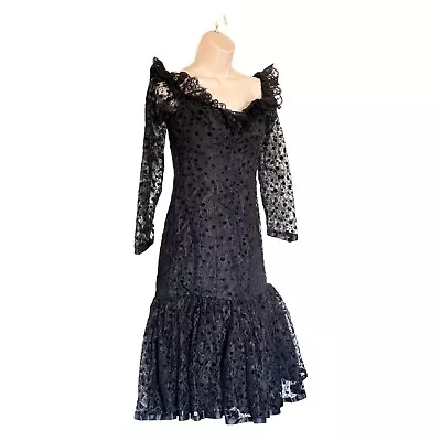 Totally 80s Vintage Black Polka Dot Lace Mermaid Prom Dress Gown Ruffles Sexy • $56.25