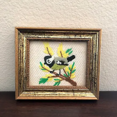 Vintage Embroidered Bird Picture With Gold Frame Small Handmade • $18.99