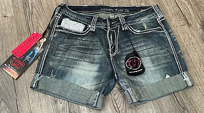 COWGIRL TUFF CO Womens Size 27 Crosses Shimmer Blue Denim Shorts NWT Cuffed • $12.99