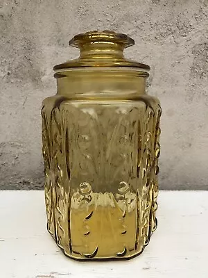 9  LE Smith Imperial Atterbury Scroll Yellow Amber Glass Canister Jar Vintage  • $14.99