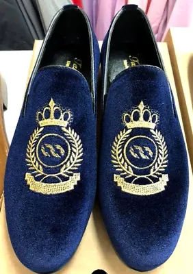 Men's Velvet Slippers Blue Moccasin Loafers Shoes King Crown Embroidered 43 • £103.72
