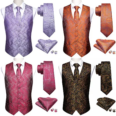 Barry Wang Mens Waistcoat Silk Paisley Floral Solid Vest Tie Set Wedding Casual • £8.99