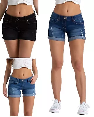 Womens Boyfriend Shorts Ladies Hot Stretch Cotton Denim Half Pant NWT Jeans • £12.25