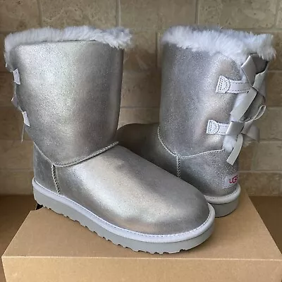 Ugg Short Bailey Bow Glisten Metallic Grey Sheepskin Boots Size Us 10 Women • $144.49