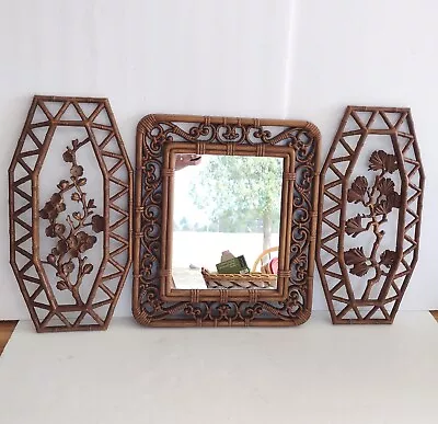 Vtg Homco Brown Faux Bamboo Rattan Mirror 2399 & Wall Plaques Floral 7412 Boho • $44.95