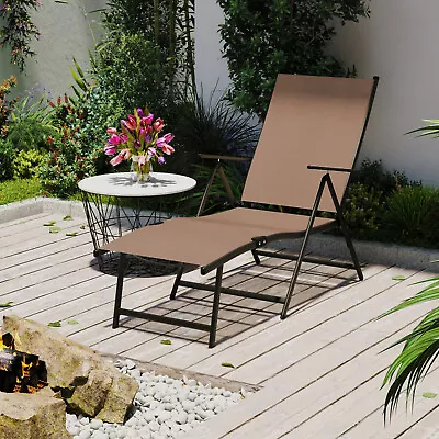 Textilene Outdoor Lounge Chaise Folding Reclining Chair Brown • $69