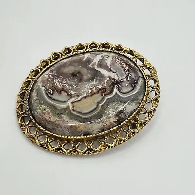 Gold Tone Filigree Handmade Lasnoski Lapidary Escanaba Michigan Oval Brooch Pin • $15.99