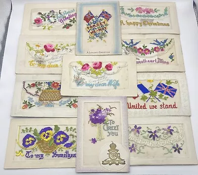 WW1 Embroidered Silk Postcard Collection Of 11x Cards Inc Military Christmas Et • £49.99