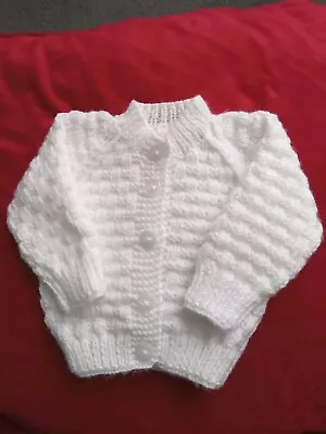 Hand Knitted White Baby Cardigan 0-3 Months • £6
